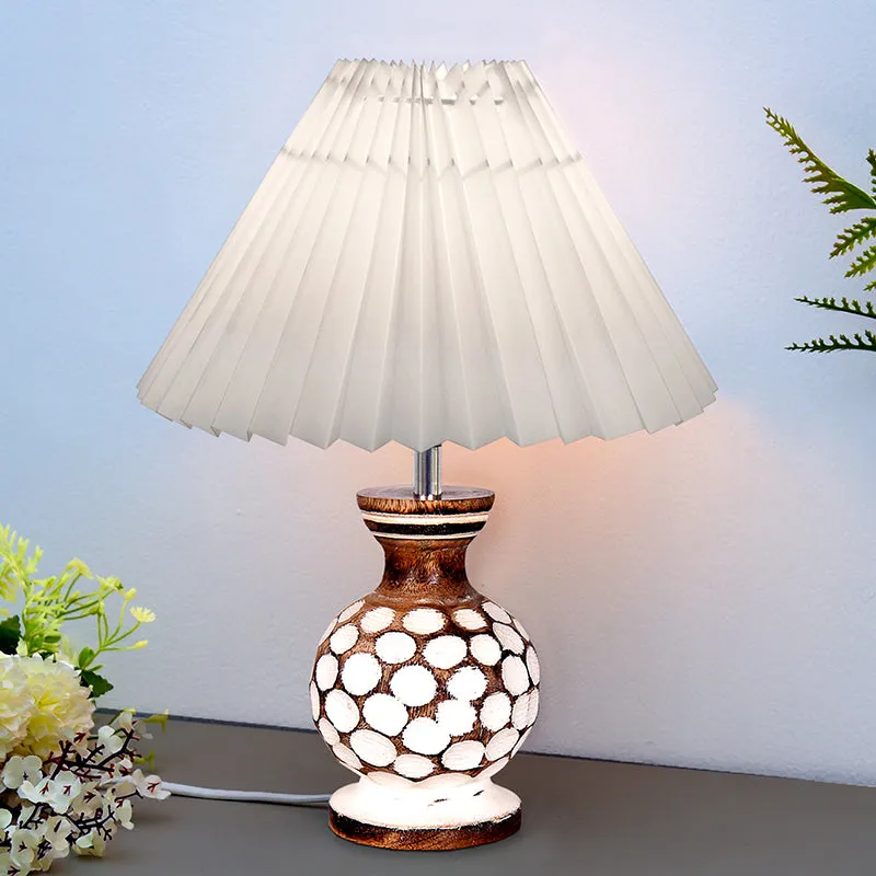French Pleat Bubble Wooden Table Lamp - White,Brown media 1