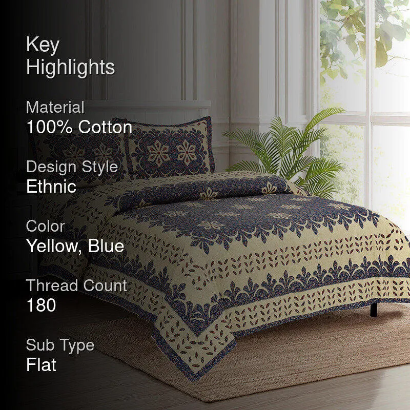 Alankrita Ethnic Cotton Bedsheet (Yellow,Blue) - 180 TC media 2