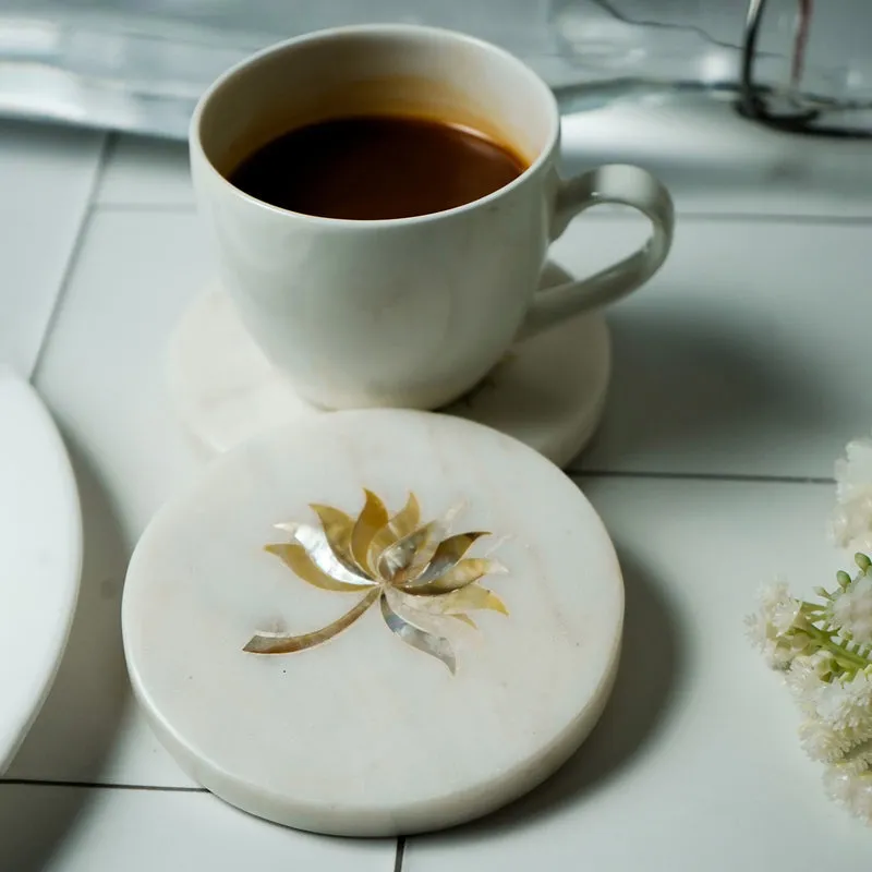 Lotus Marble Coaster With Mother Of Pearl Inlay (White) - Set Of Two media 5