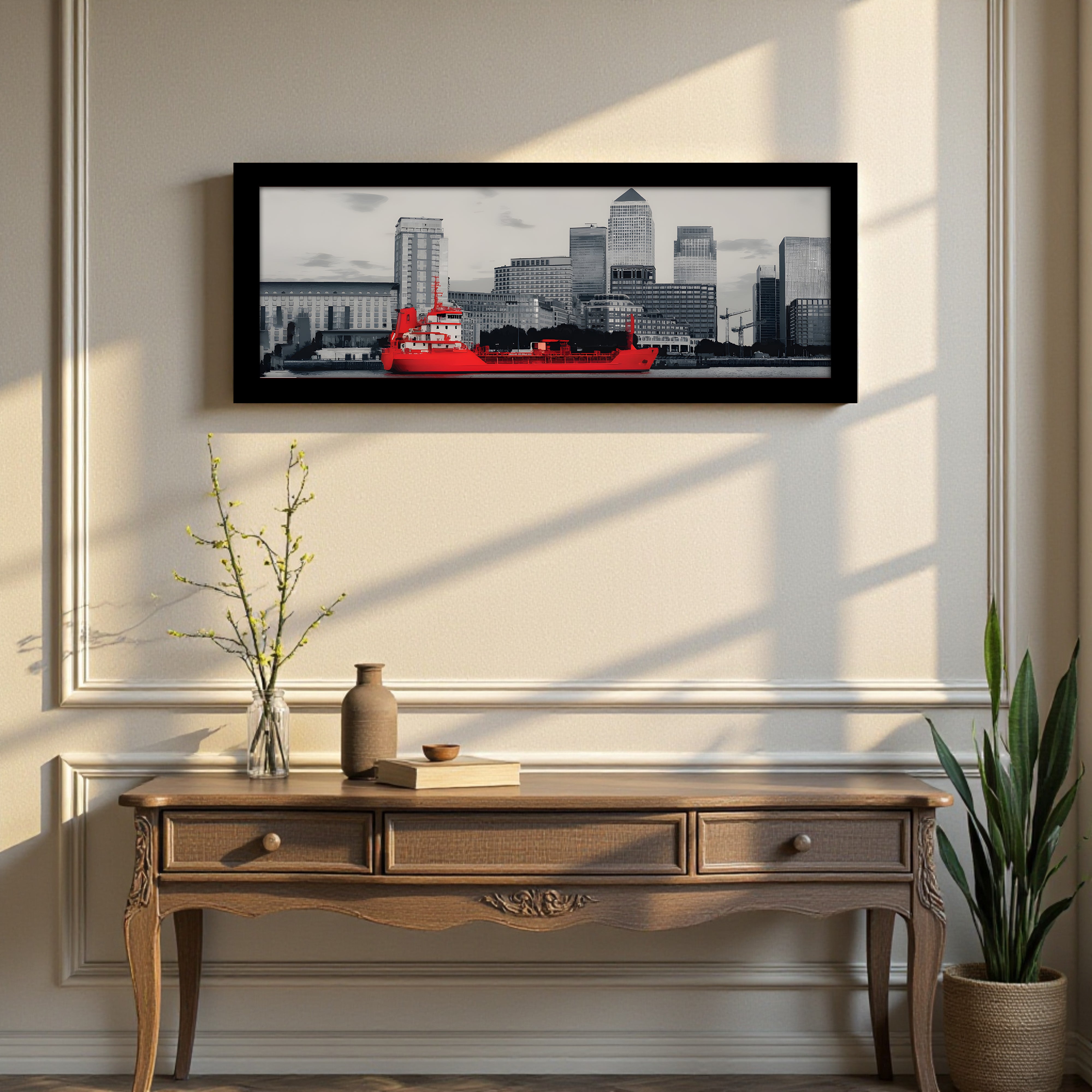 Cityscape Red Boat Wall Painting With Frame
