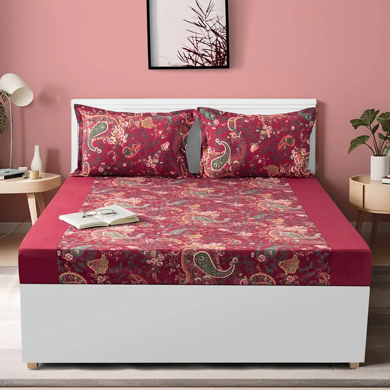Swayam Crimson Paisley Cotton Bedsheet - 180 TC || Super Soft media 1