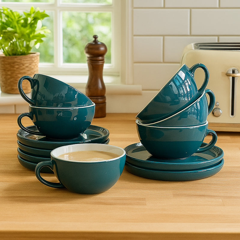 Elegant Green Ceramic Cup & Saucer (320 mL Each) - Set of Six
