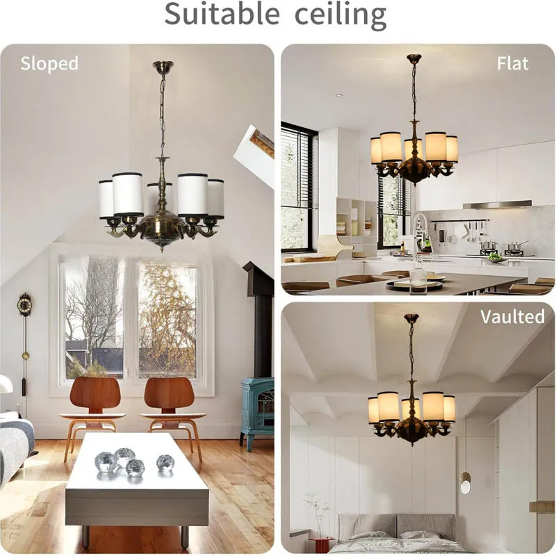 Antique gold chandelier styled in sloped, flat and vaulted ceiling rooms