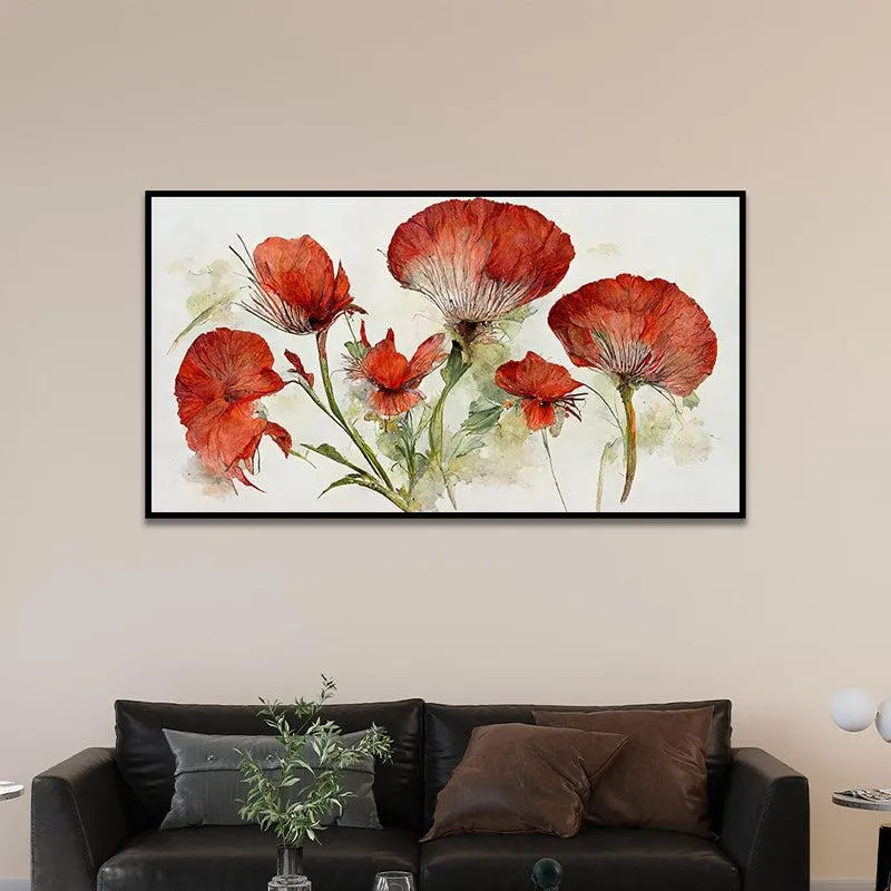 Red Autumn Petals Floral Canvas Wall Painting With Frame - Black media 1