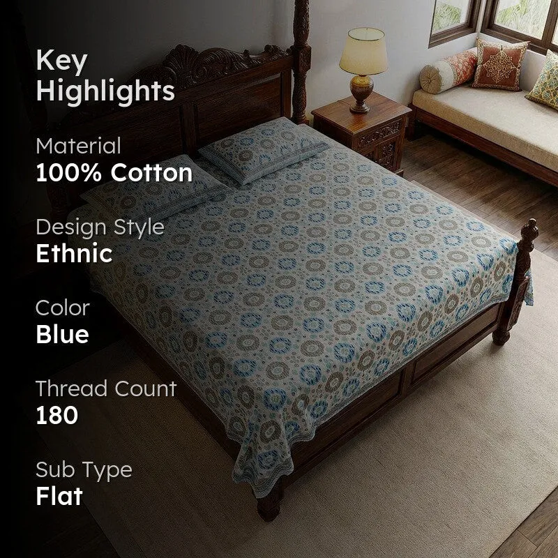Sienna Ethnic Cotton Bedsheet (Blue) - 180 TC media 2