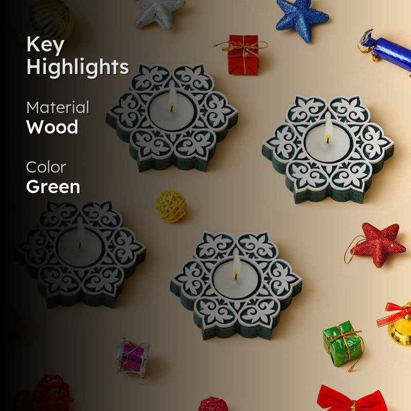 Winter Spark Carved Wood Tea Light Holder (Green) - Set Of Four media 2