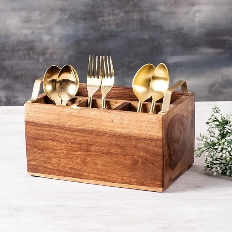 Cedar Cutlery Holder - Brown & Gold media 1