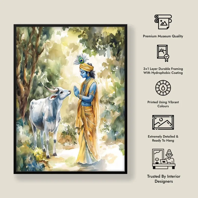 Krishna Spiritual Archival Paper Wall Painting With Frame - Black media 8