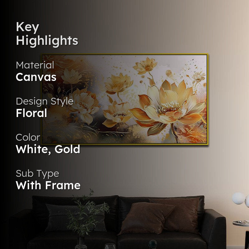 Celestial Water Lilies Floral Canvas Wall Painting With Frame - Gold media 2