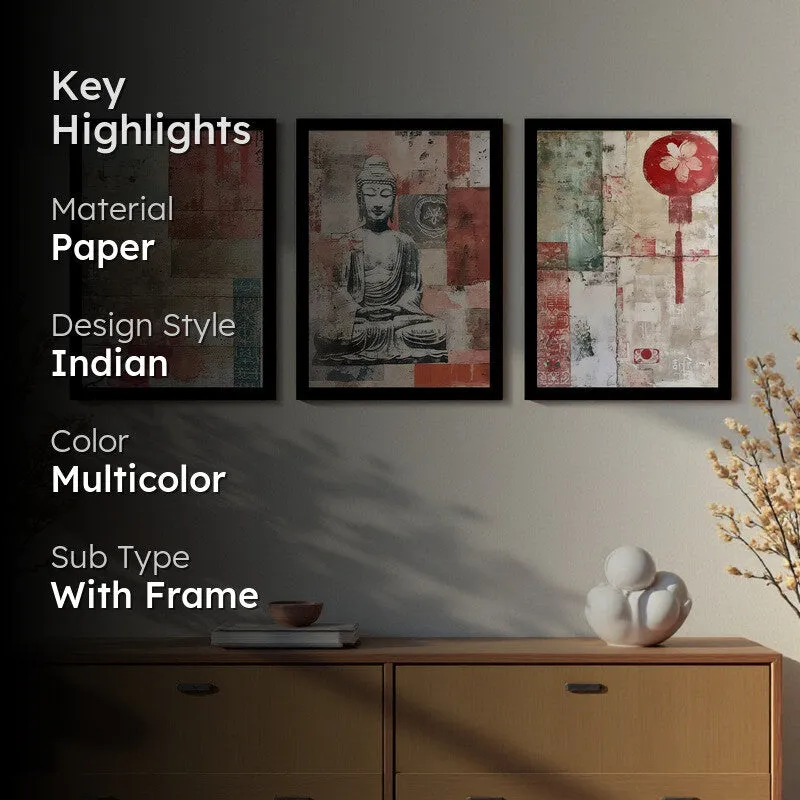 Gautam Buddha Floral Paper Wall Painting With Frame - Set Of Three media 2