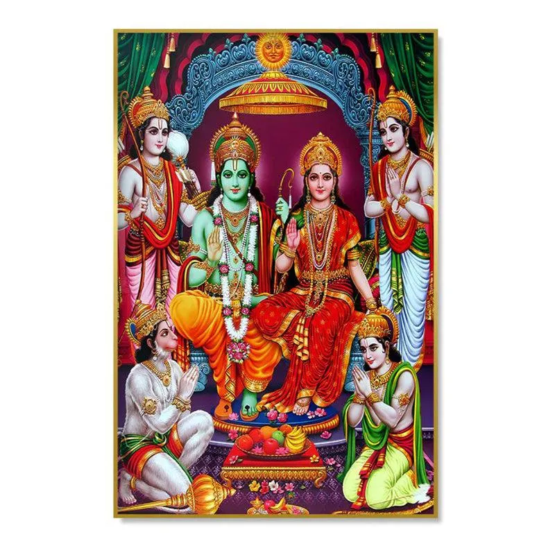 Sri Rama Parivar Spiritual Canvas Wall Painting With Frame - Gold media 3