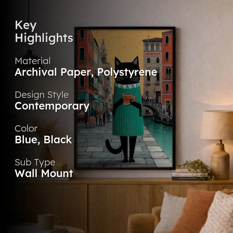 Venice Brew Cat Wall Painting With Frame media 2