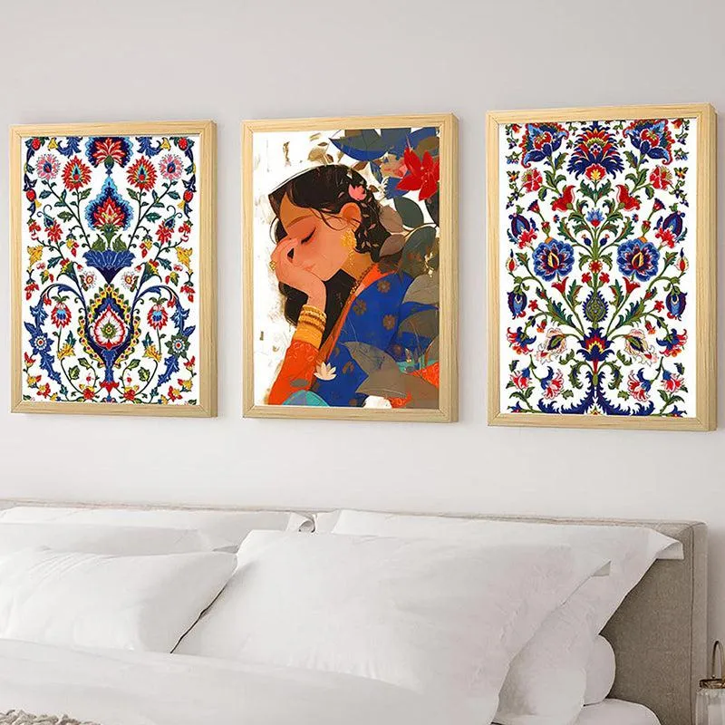 Gul Pari Mughal Paper Wall Art With Frame (Blue) - Set Of Three media 1