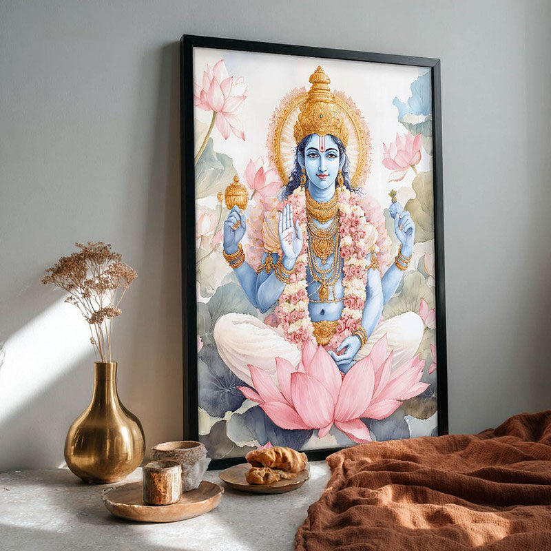 Anantha Padmanabha Spiritual Archival Paper Wall Painting With Frame - Black media 4