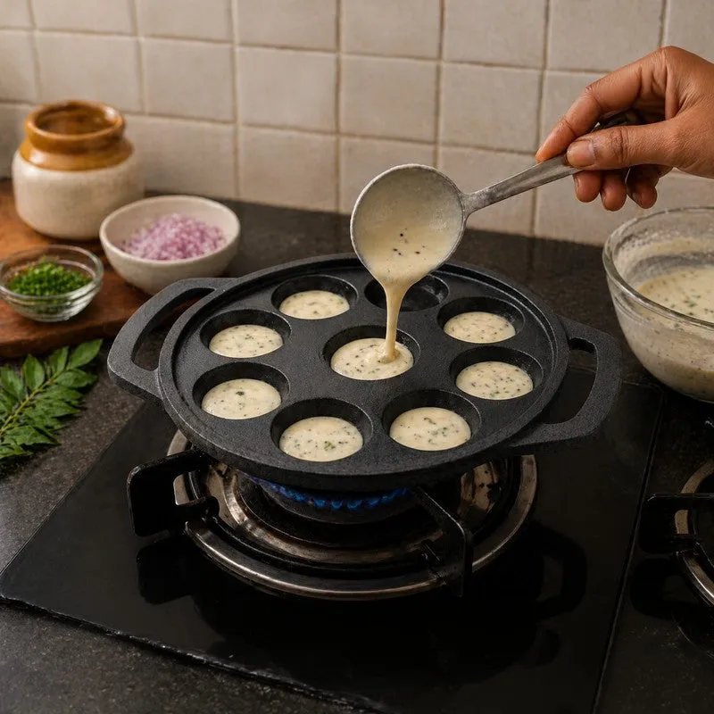 Round Ease Cast Iron Non-Stick Paniyaram & Appam Pan - Black media 7