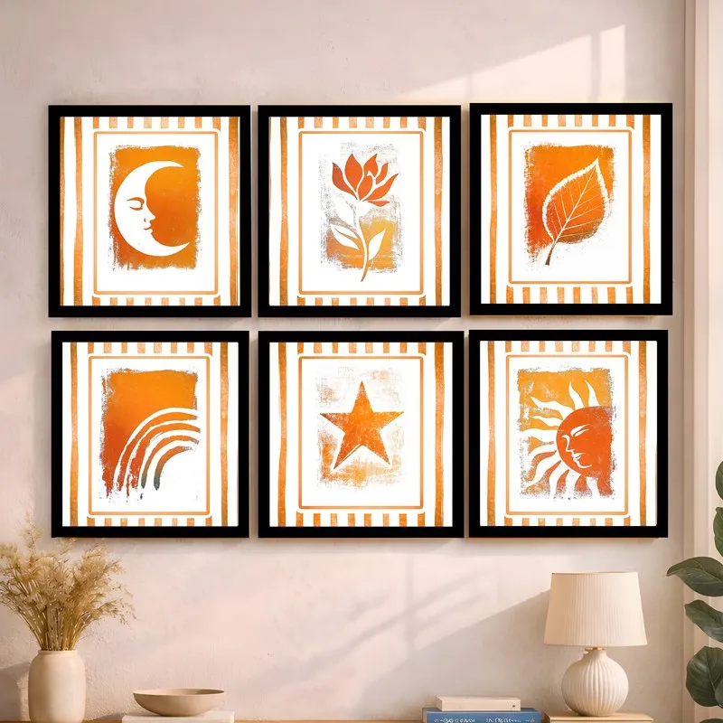 Celestial Orange Paper Wall Painting With Frame - Set Of Six media 4