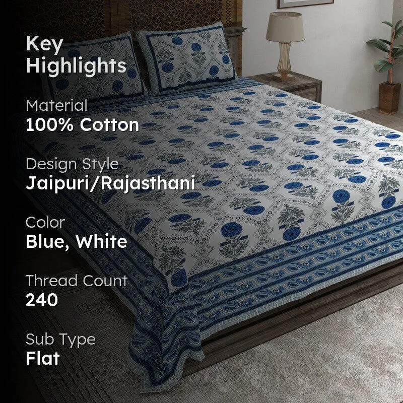 Vineen Cotton Bedsheet (Blue,White) - 240 TC media 2