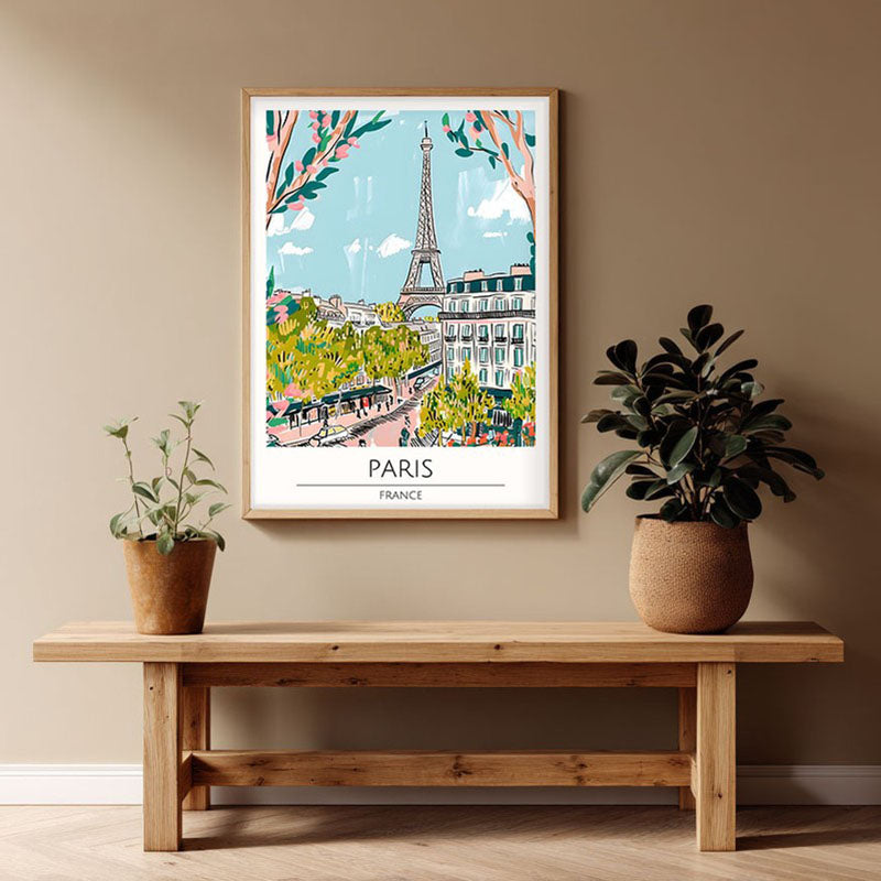 Vintage Paris Framed Canvas Archival Canvas Wall Painting - Natural Brown Frame
