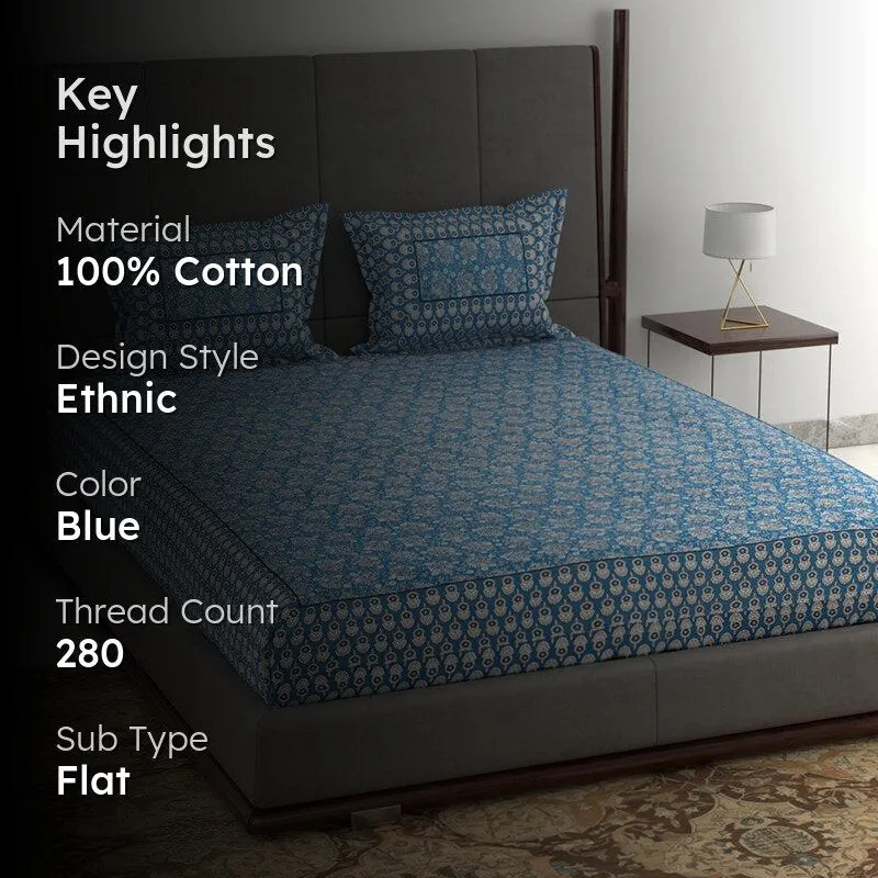 Saavika Printed Cotton Bedsheet (Blue) - 280 TC media 2