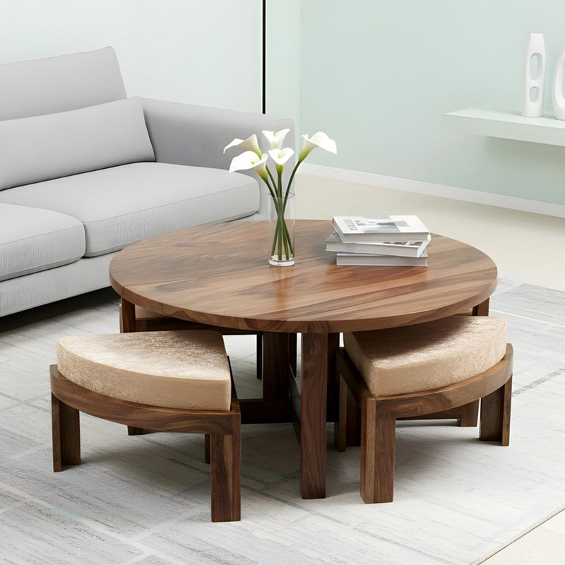 Iveron Sheesham Wooden Center Table with Stools and Cushions (Brown,Beige) - Nine Piece Set