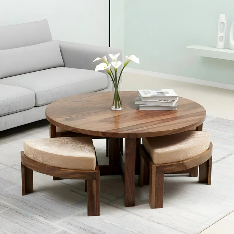 Iveron Sheesham Wooden Center Table with Stools and Cushions (Brown,Beige) - Nine Piece Set media 1