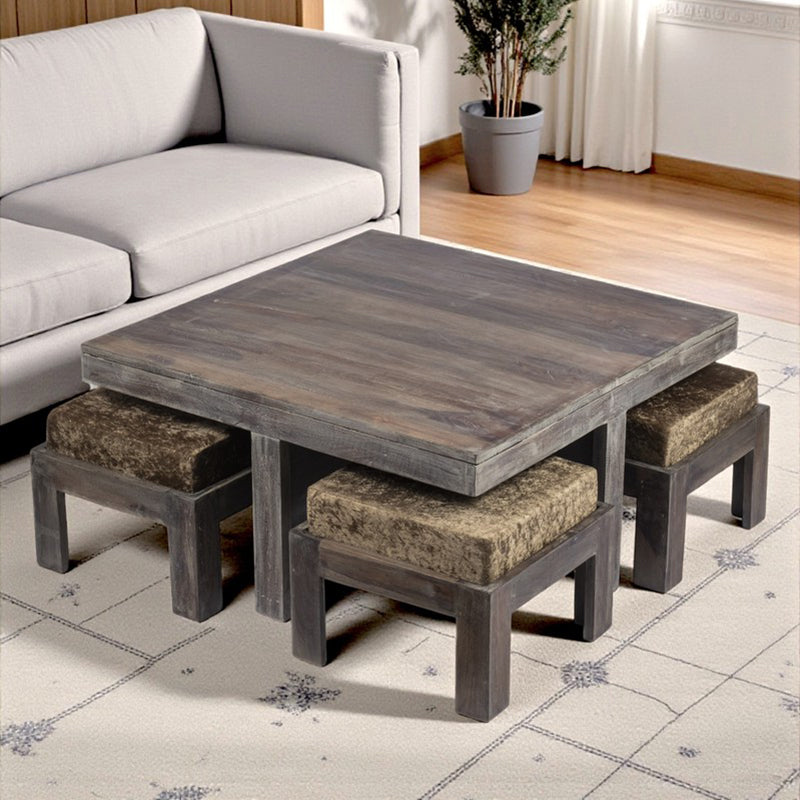 Exiron Sheesham Wooden Center Table with Stools and Cushions (Grey) - Nine Piece Set