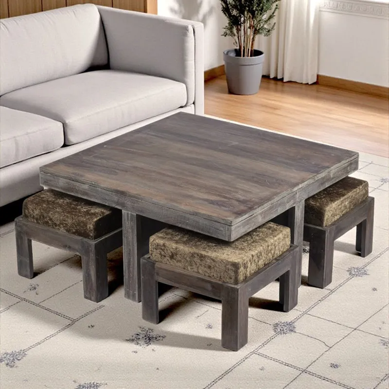 Exiron Sheesham Wooden Center Table with Stools and Cushions (Grey) - Nine Piece Set media 1