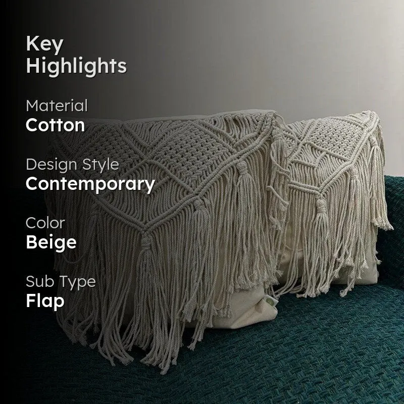 Earth & Twine Macrame Fringed Cotton Cushion Cover - Set Of Three media 2