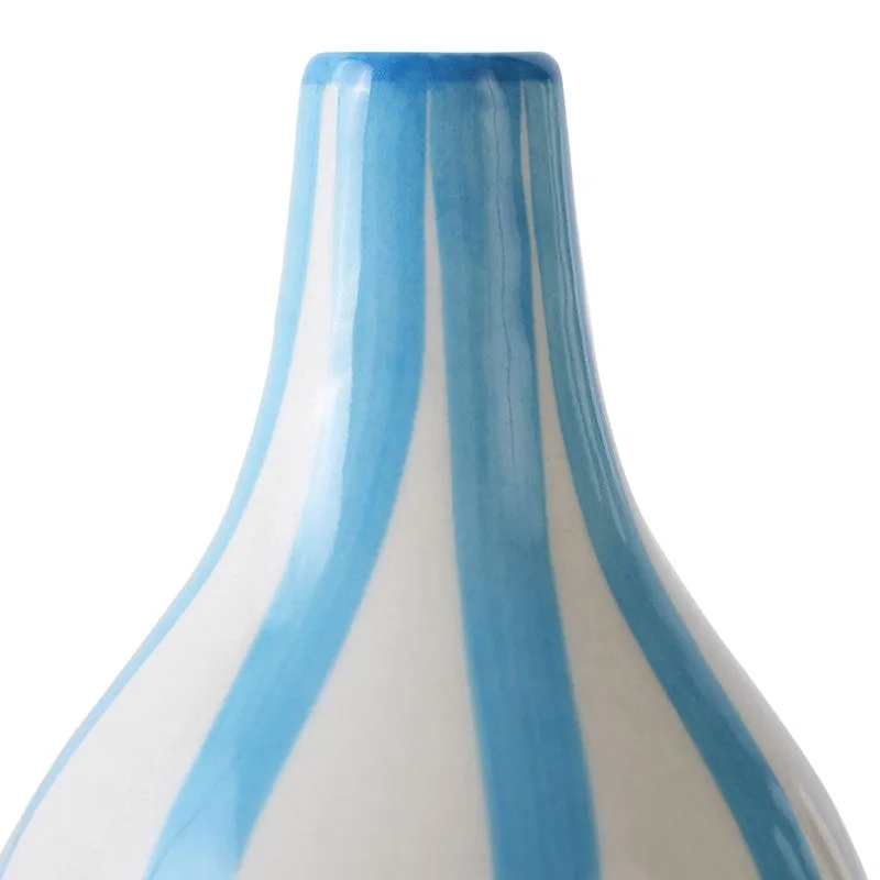 Close-up of the neck and blue striped glaze on the ceramic vase
