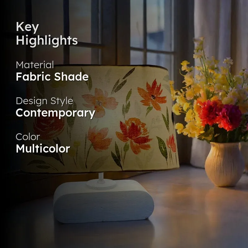 Highlight graphic showing floral lamp with fabric shade and contemporary style