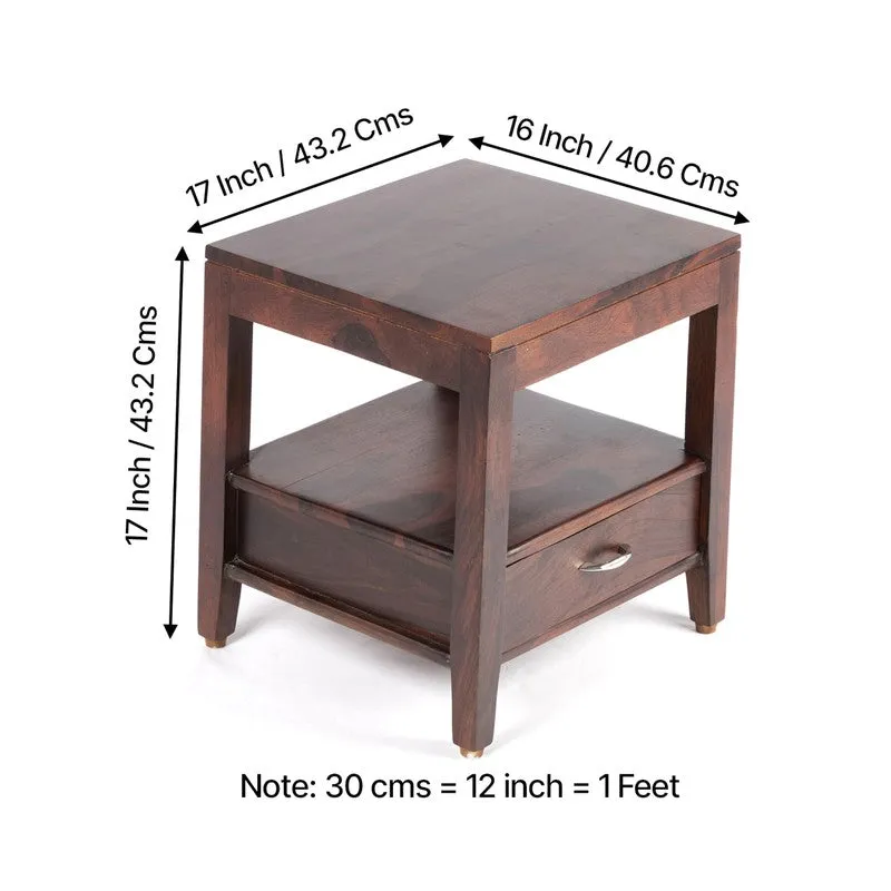 Dark brown square wooden table shown at an angle with visible proportions.