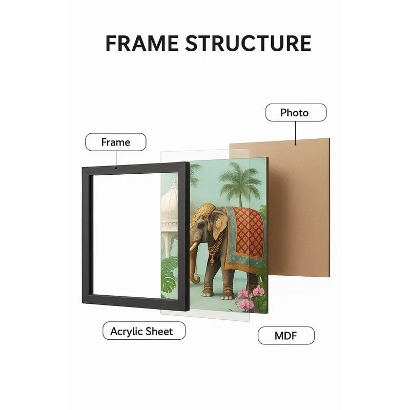 Exploded frame structure illustration showing frame, acrylic sheet, photo and MDF backing