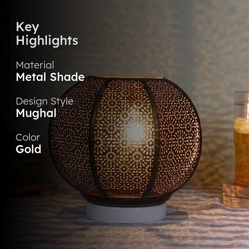 Nira Round Etched Metal Table Lamp With White Base - Gold media 2