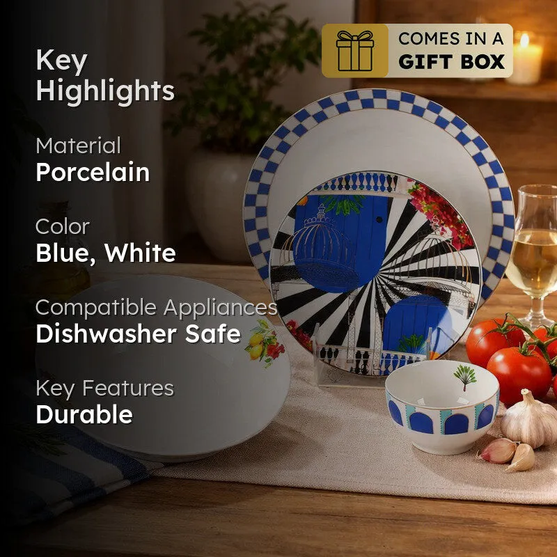 Artisan Pattern 24k Gold Brushed Dinner Set (Blue,White)- 27 Piece Set media 2