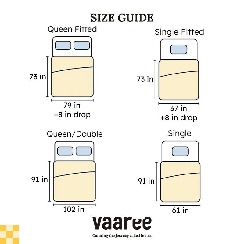 Size guide graphic for single and queen fitted and flat bedsheets