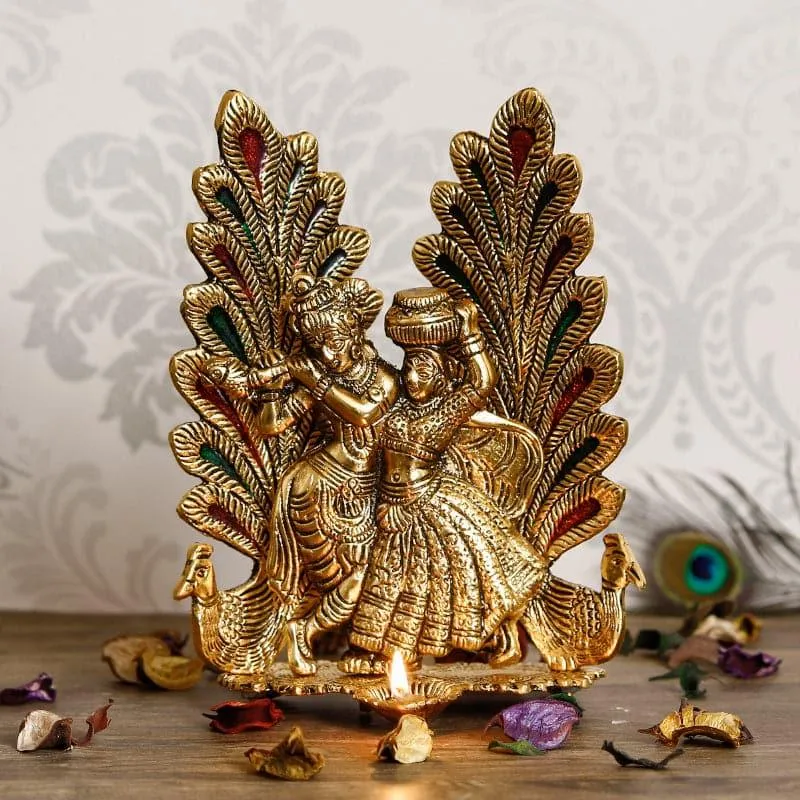 Radha Krishna Decorative Metal Diya - Gold media 3