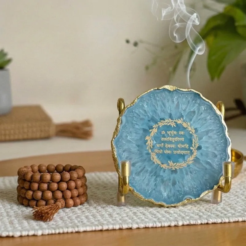 Sacred Gayathri Mantra Handcrafted Agate Religious Accent - Blue media 3