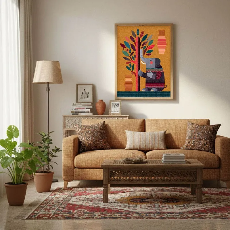 Playful Elephant Canvas Wall Painting With Brown Frame media 5