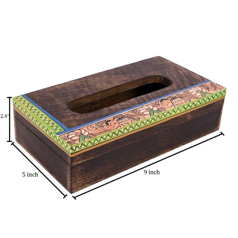 Angled view of the brown tissue box with visible length, width and height markings