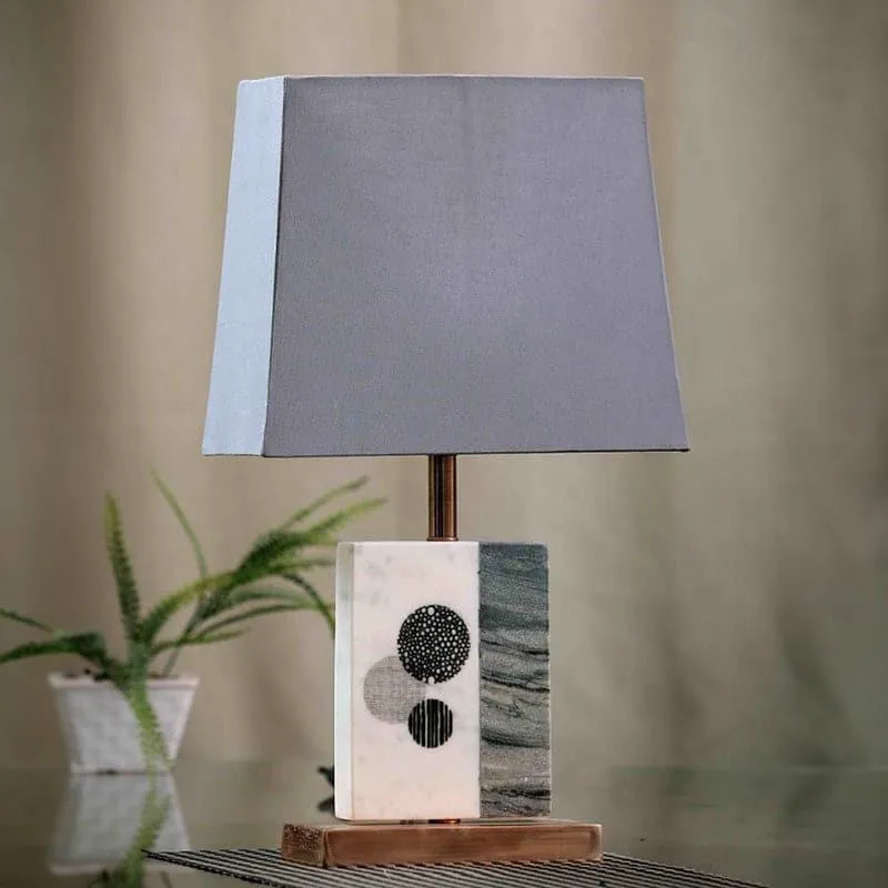 Blaze Printed Fabric Table Lamp With Marble & Copper Base - Grey,White media 3