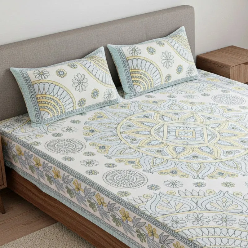 Kavya Mandala Ethnic Cotton Bedsheet (Blue,Yellow) - 160 TC media 3