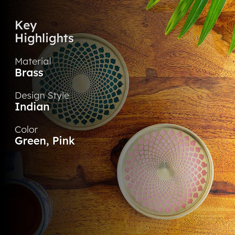 Mughal Mirage Brass Coaster (Green & Pink) - Set Of Two media 2