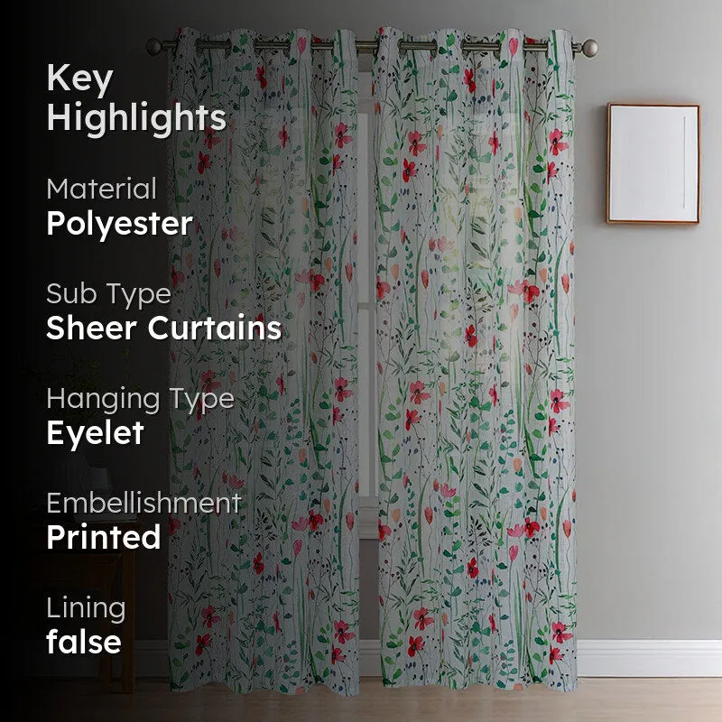 Aersica green red floral sheer curtain set of two, styled hanging view