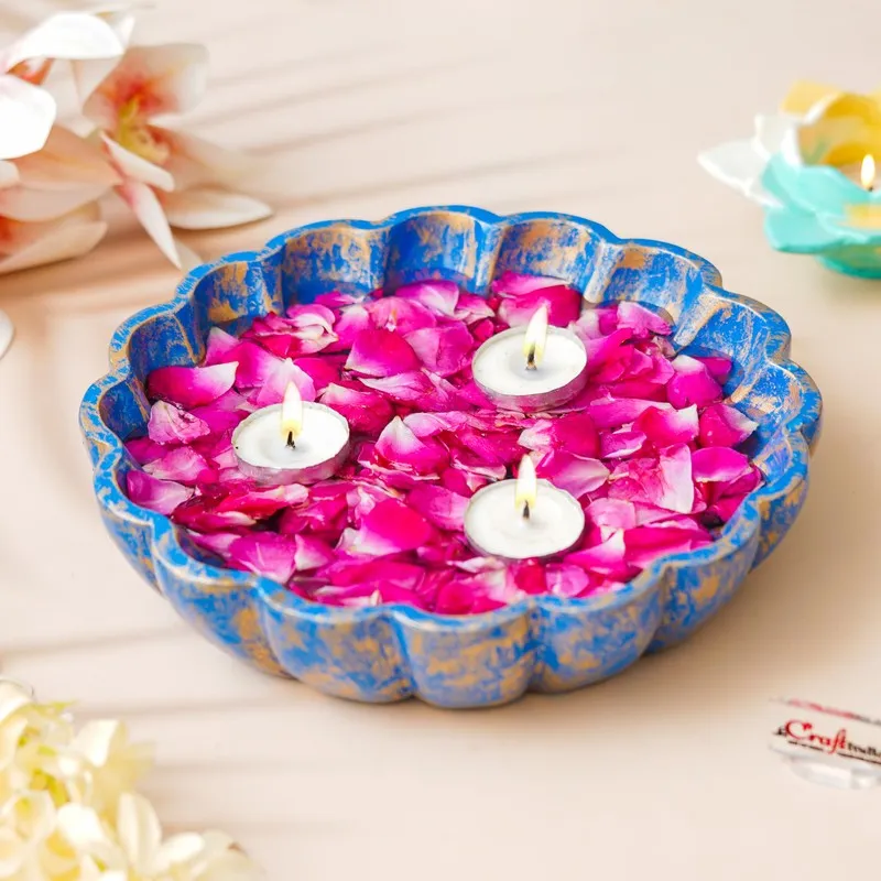 Handcrafted Floral Resin Urli - Blue media 1