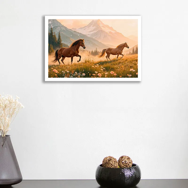 Horses in Meadow Wall Art with White Frame media 1