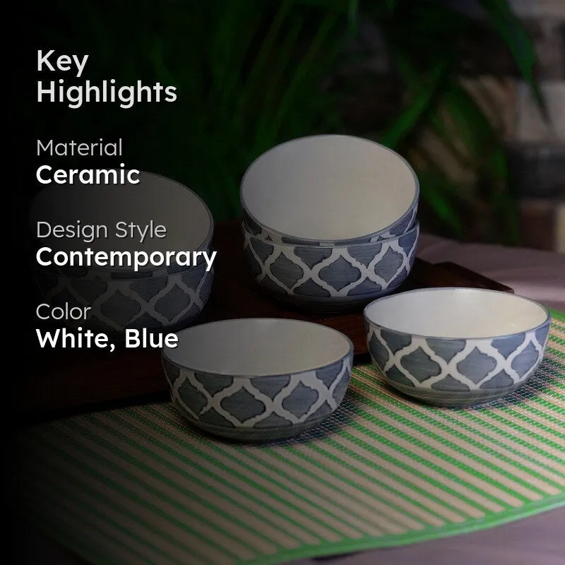 Savito Ceramic Snack Bowls (White,Blue, 200 mL Each) - Set Of Six media 2