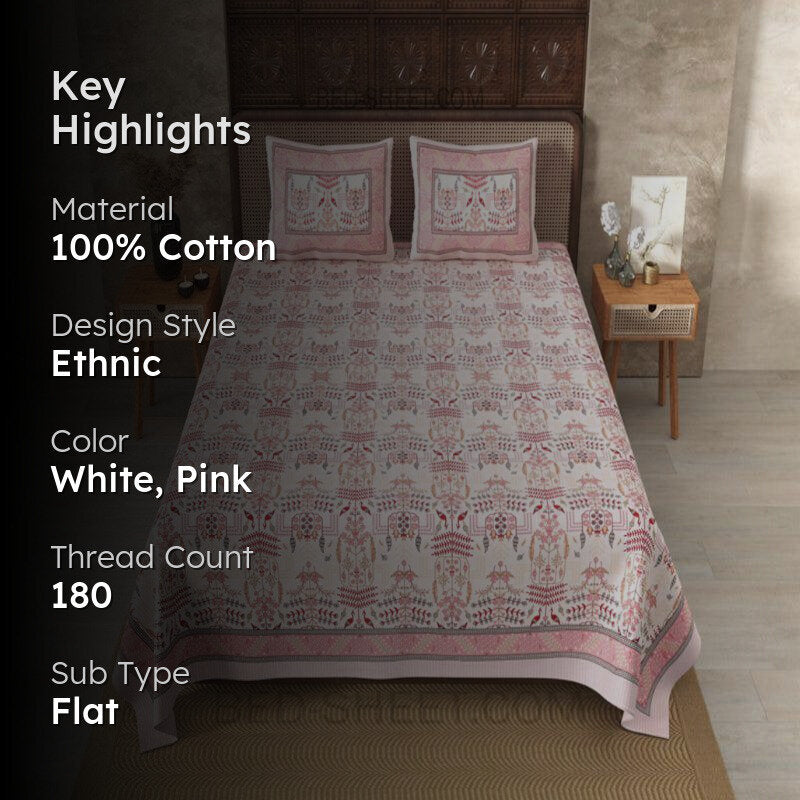 Hara Ethnic Cotton Bedsheet (White,Pink) - 180 TC media 2
