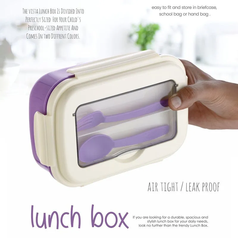 Purple lunch box held upright, showing the cream lid, top panel and utensils inside.