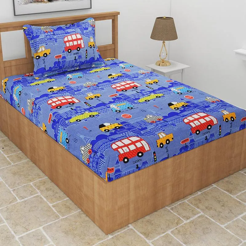 Way To School Kids Fitted Microfiber Bedsheet (Blue) - 130 GSM media 1