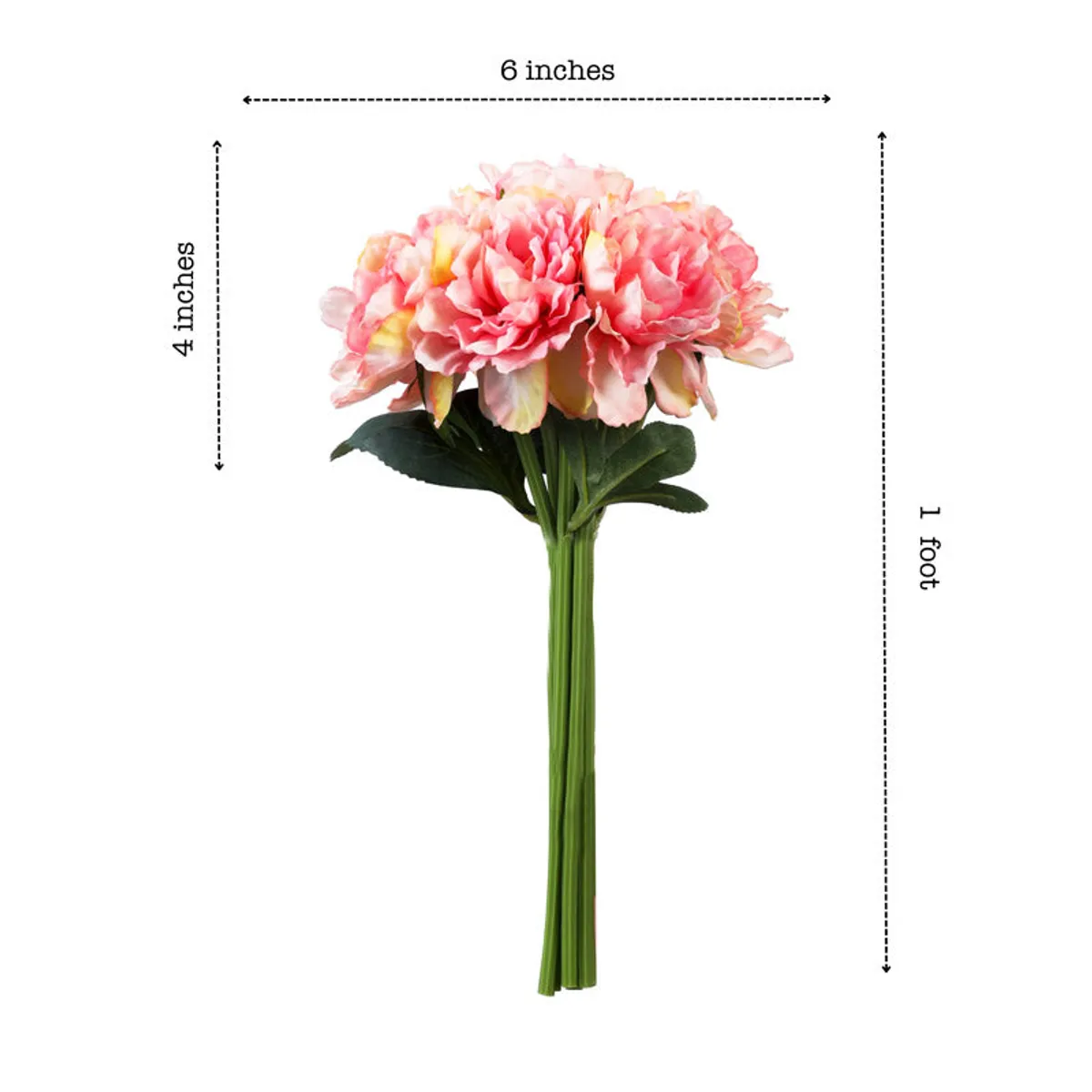 Artificial pink peony flower with green leaves shown against a white background